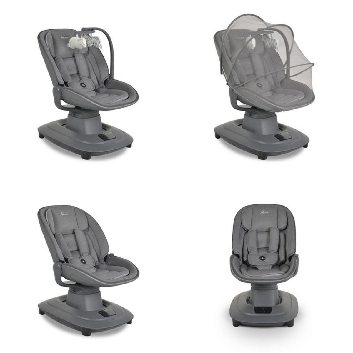 BABYWIPPE Hera dunkelgrau App-Steuerung, 360° drehbar, Moskitonetz, 5-Punkt-Gurt, 5 Stufen - Grau, Metall - Cangaroo