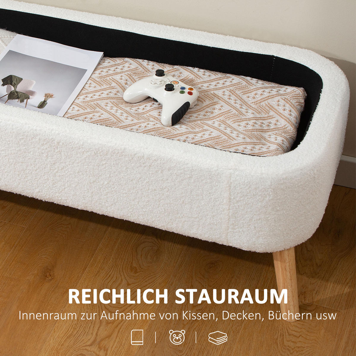 SITZBANK mit Stauraum Polsterbank mit Fleece-Optik, Holzbeine für Wohnzimmer - Creme, Textil (42/45/120cm) - HOMCOM