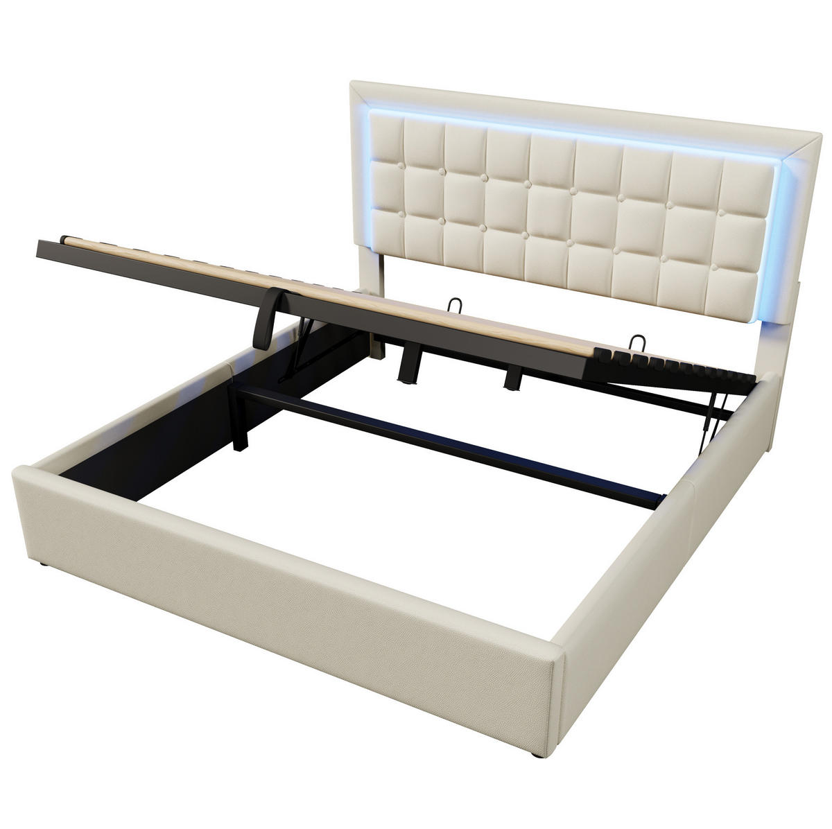 POLSTERBETT 140/200 cm weiß aus PU mit LED, Stauraum und Matratze - Weiß, Kunststoff (140/200cm) - OKWISH