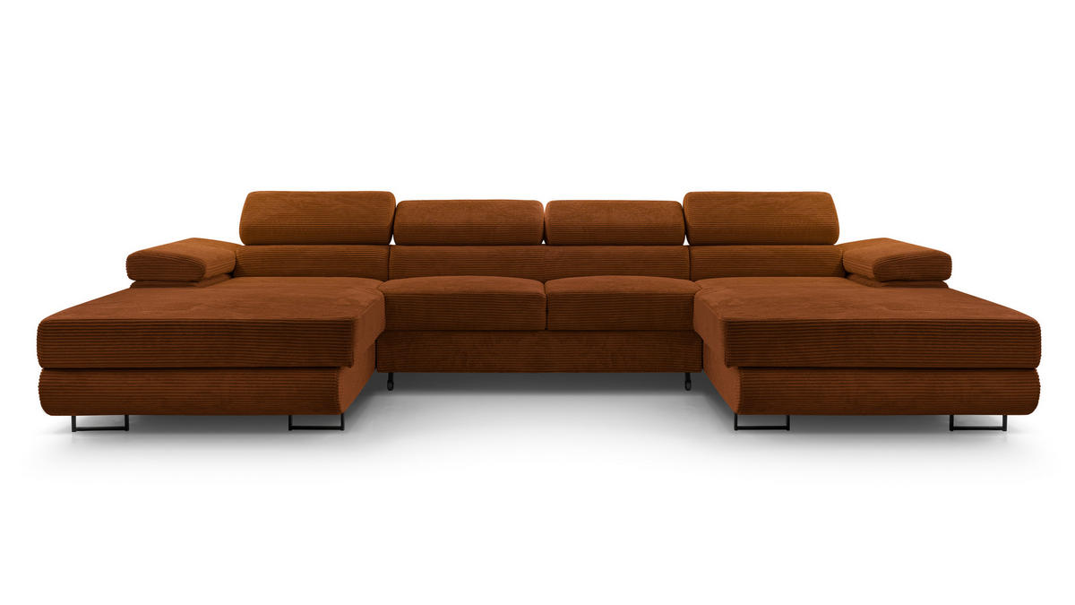 WOHNLANDSCHAFT Arborio Ziegelrot 352/202/90 cm mit Schlaffunktion - Schwarz/Orange, Textil/Metall (352/90/202cm) - AX Living