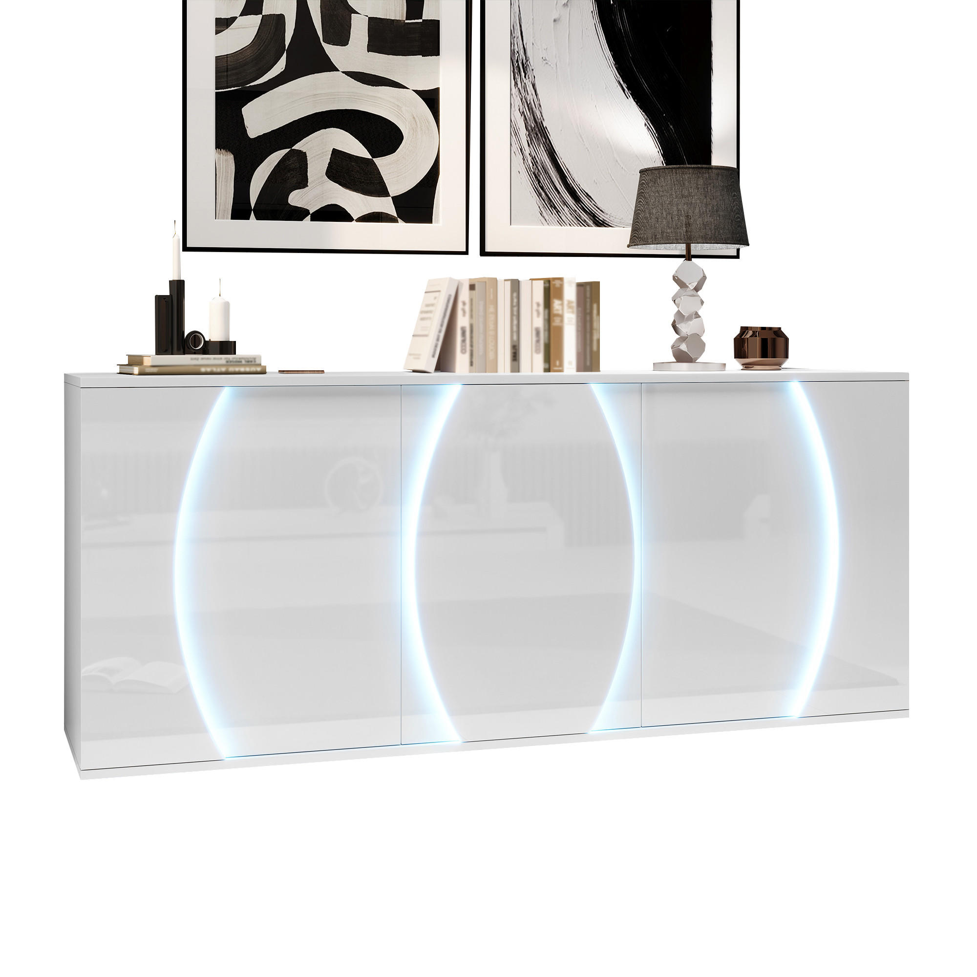 SIDEBOARD LED Weiß 3 Türen 150x40x70cm Hochglanz Stauraum - Weiß, Holzwerkstoff (40/70/150cm) - FLIEKS