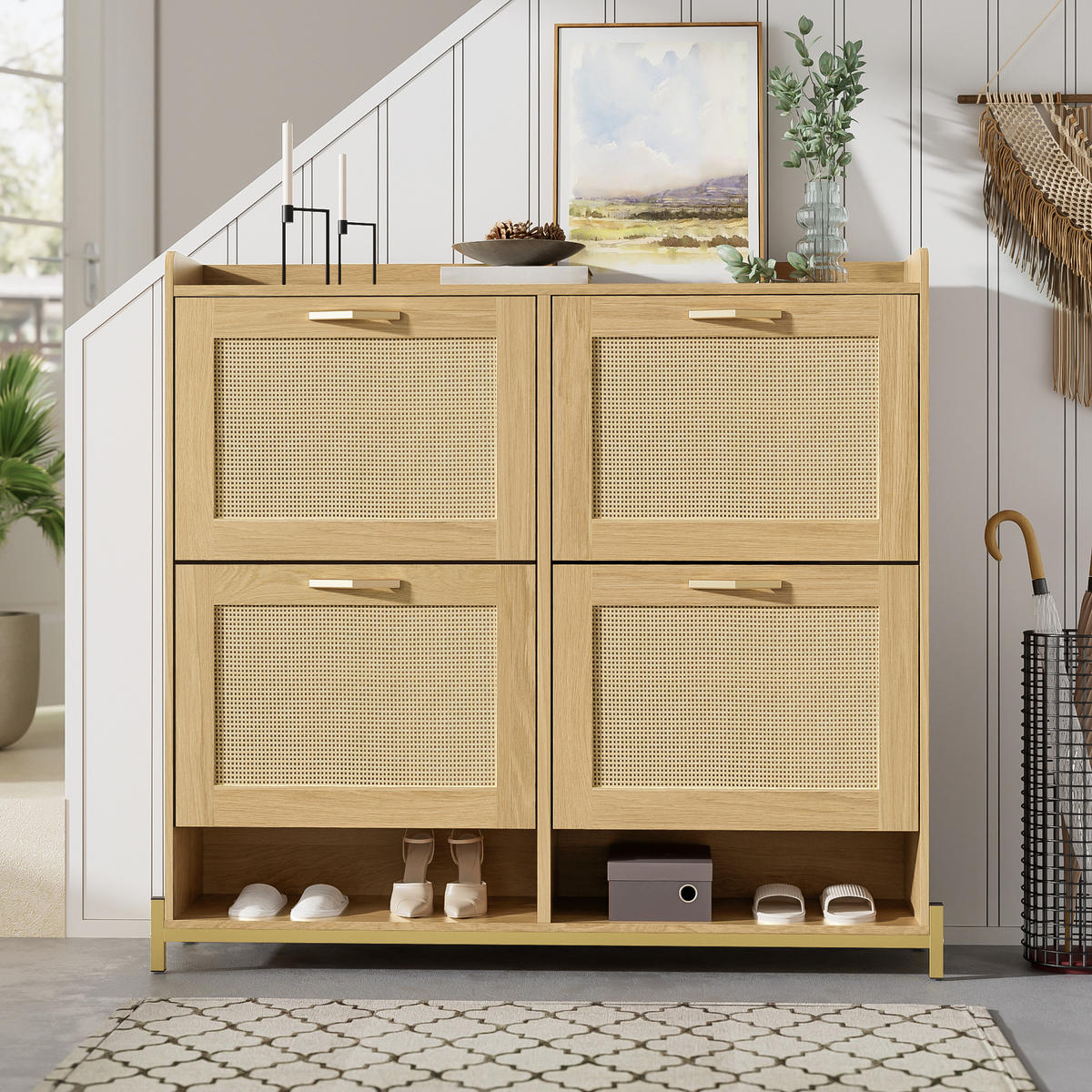 SCHUHSCHRANK Holz Rattantüren 4 Türen Metallrahmen Regal - Hellbraun, Holzwerkstoff (24/100/108.5cm) - FLIEKS