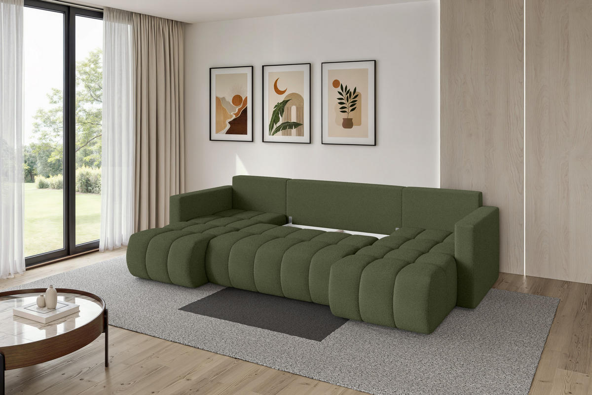SEDACÍ SOUPRAVA DO U s funkcí spaní a úložným prostorem GARD-U 300x146x85 zelená bouclé - černá/zelená barva, kompozitní dřevo/textil (300/85/146cm) - ALTDECOR