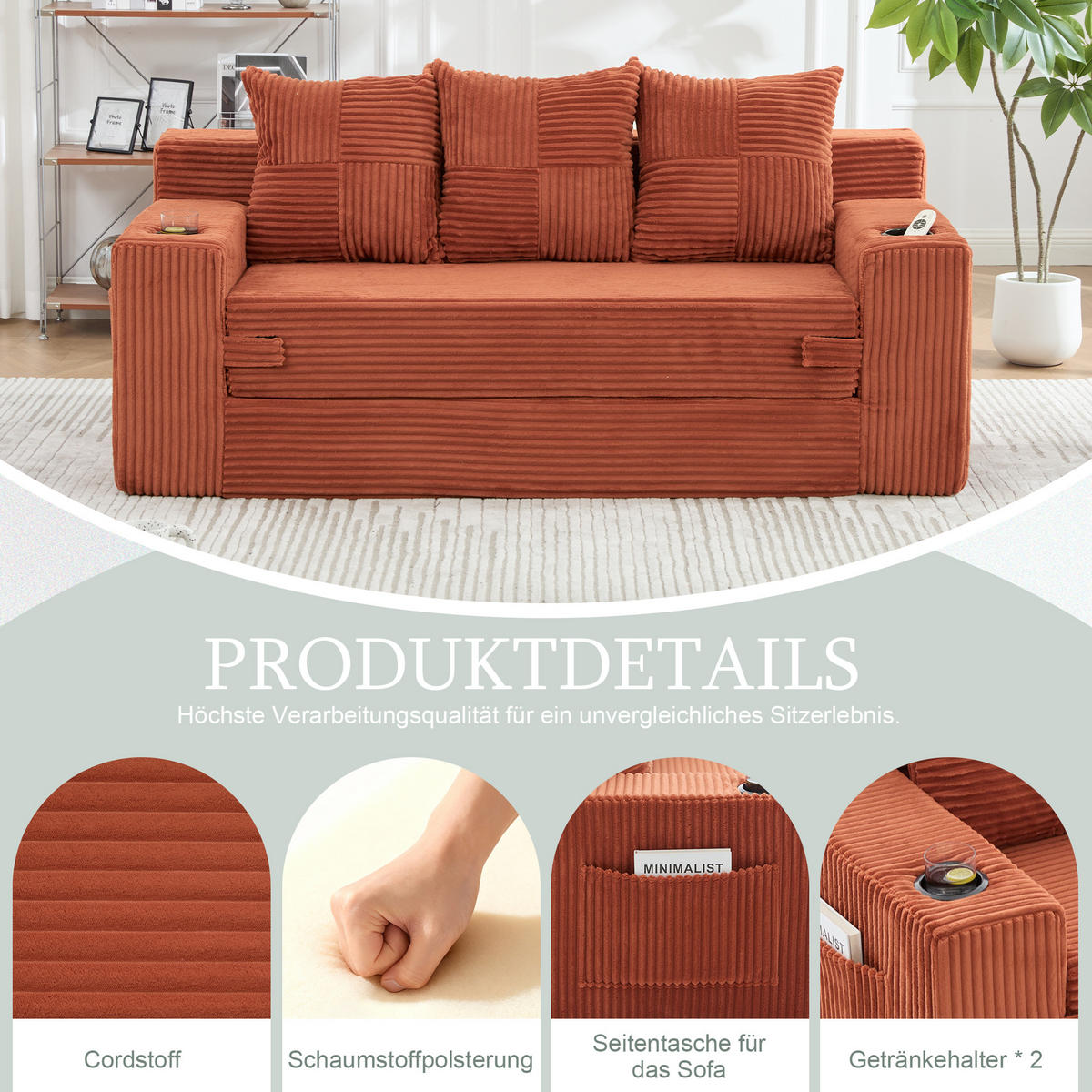 2-SITZER Bodensofa ausklappbar, Getränkehalter/Seitentaschen, Cord, Orange - Orange, Textil (172/64/87cm) - LVHOM