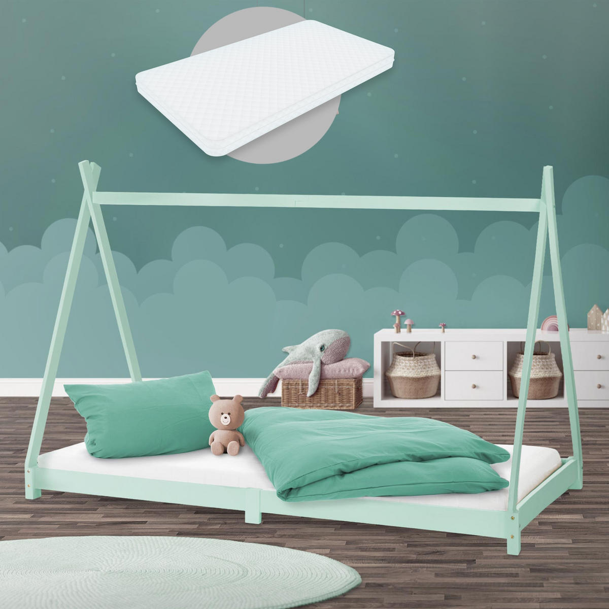 KINDERBETT Tipi mit Matratze 90x200 cm Mint - Mintgrün, Holz (90/200cm) - ML-DESIGN