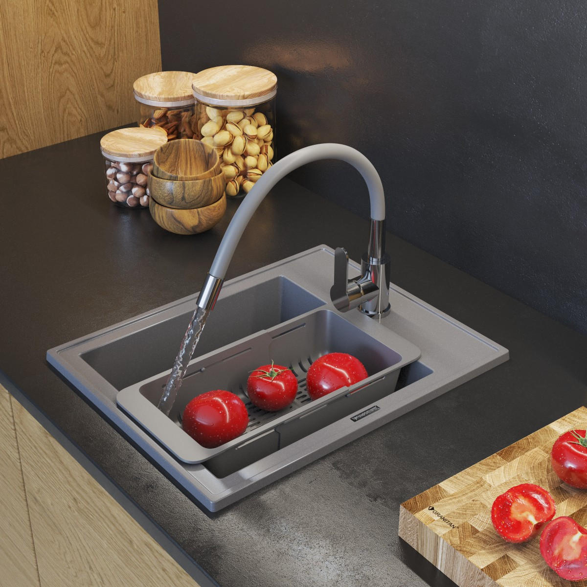 GRANITSPÜLE Nero mit Batterie und Siphon - Grau, Kunststoff/Stein (40/20/50cm) - Granitan