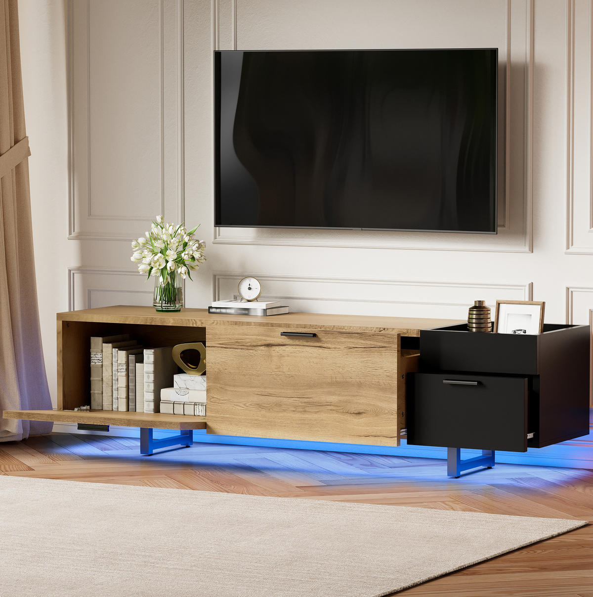 LOWBOARD 180/38/49 cm aus Holzwerkstoff mit LED-Beleuchtung Schwarz/Naturfarben - Schwarz, Holzwerkstoff (180/49/38cm) - Modenvie