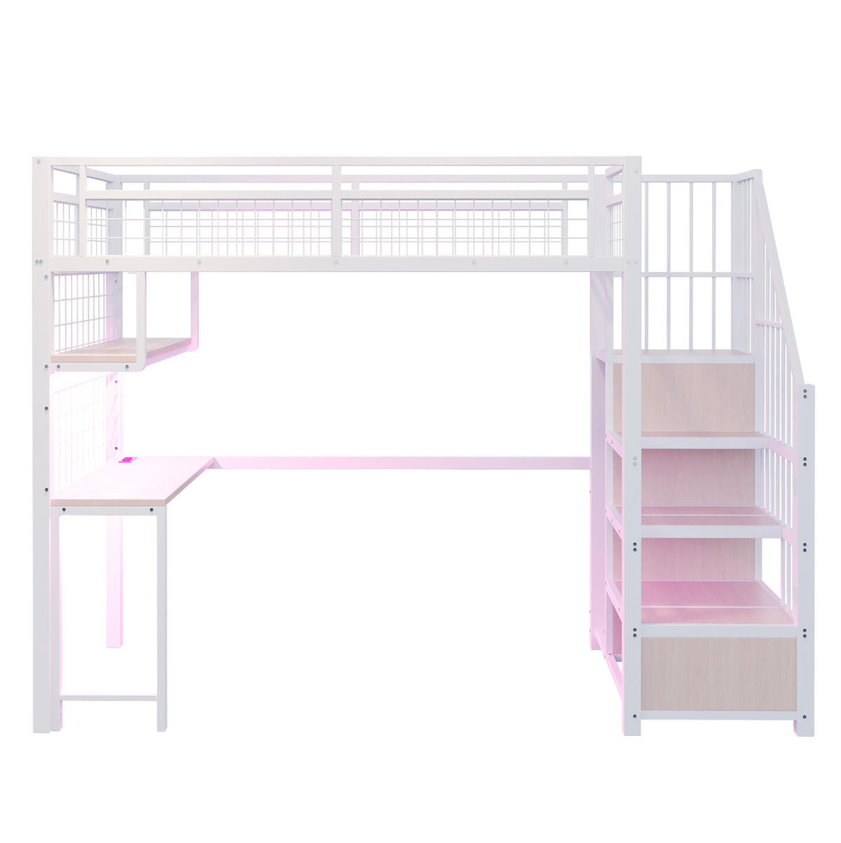 HOCHBETT aus Metall 90x200 cm Weiß mit Schreibtisch, Lichtleiste, Steckdosen, Stauraumtreppe und Kleiderschrank - Weiß, Metall (140/190cm) - Modfu