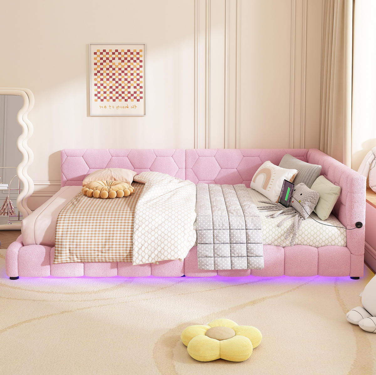 POLSTERBETT 140/200 cm aus Vliesimitat und MDF mit LED-Beleuchtung, USB- und USB-C-Anschluss Rosa - Rosa, Textil (140/200cm) - Modenvie
