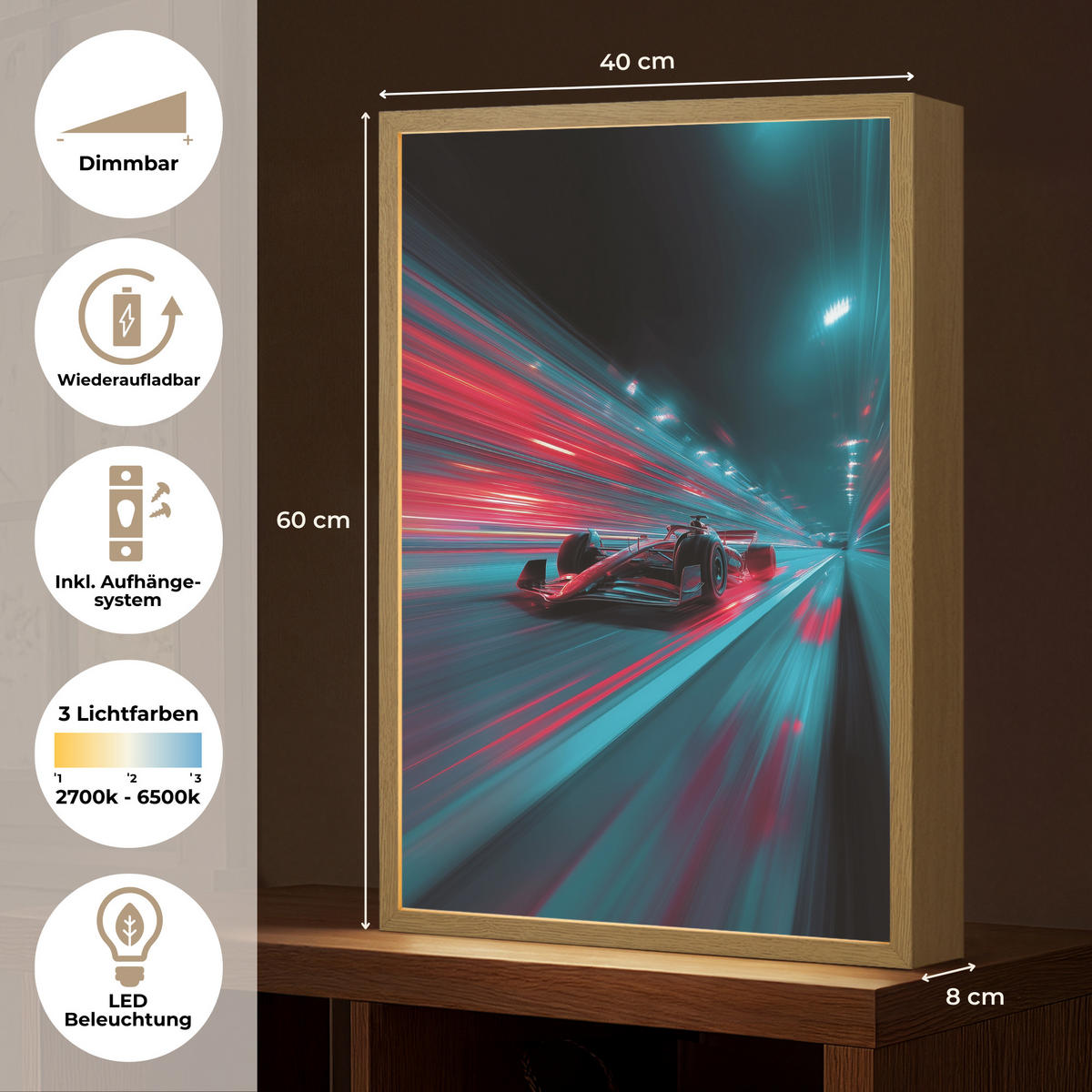 DOBÍJECÍ NOČNÍ LAMPIČKA Závodní auto - Červená - Rychlost 40x60 cm - tyrkysová, kompozitní dřevo (8/40/60cm) - OnlyWow