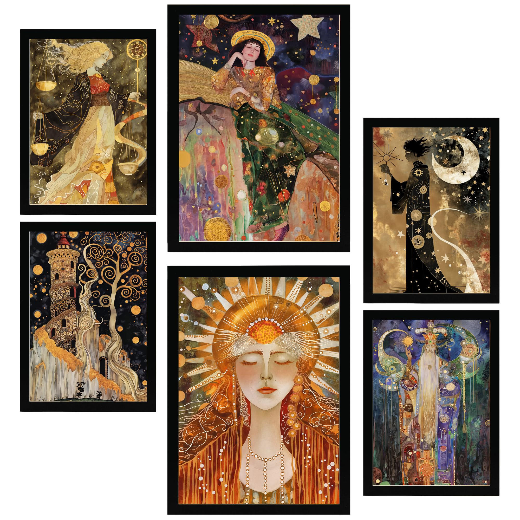 POSTER Set Mit 6 Tarocchi Arcani Cartomanzia A3 & A4 Schwarzer Rahmen - Schwarz, Papier (29/3cm) - Nacnic