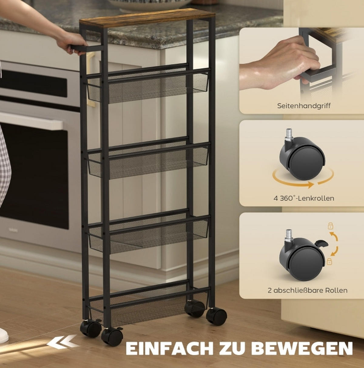 KÜCHENWAGEN schmal mit 5 Ebenen 47 x 13 x 96,5 cm Schwarz - Schwarz, Holz (13/96.5/47cm) - Beauniv
