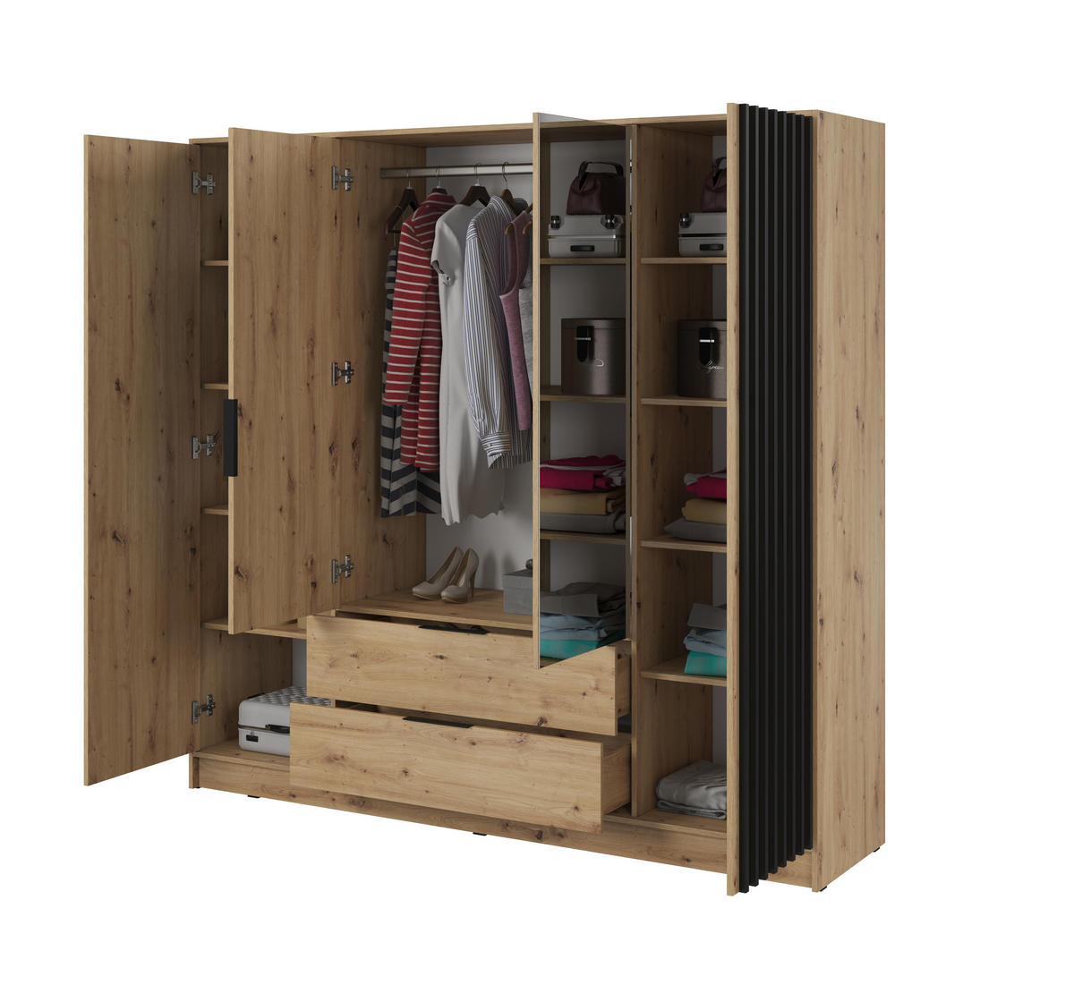 KLEIDERSCHRANK Nelly 4D, Eiche, Schwarzer Paspelierung, mit Spiegel und Schubladen - Schwarz/Eiche Artisan, Holzwerkstoff (206/200/51cm) - Bettso