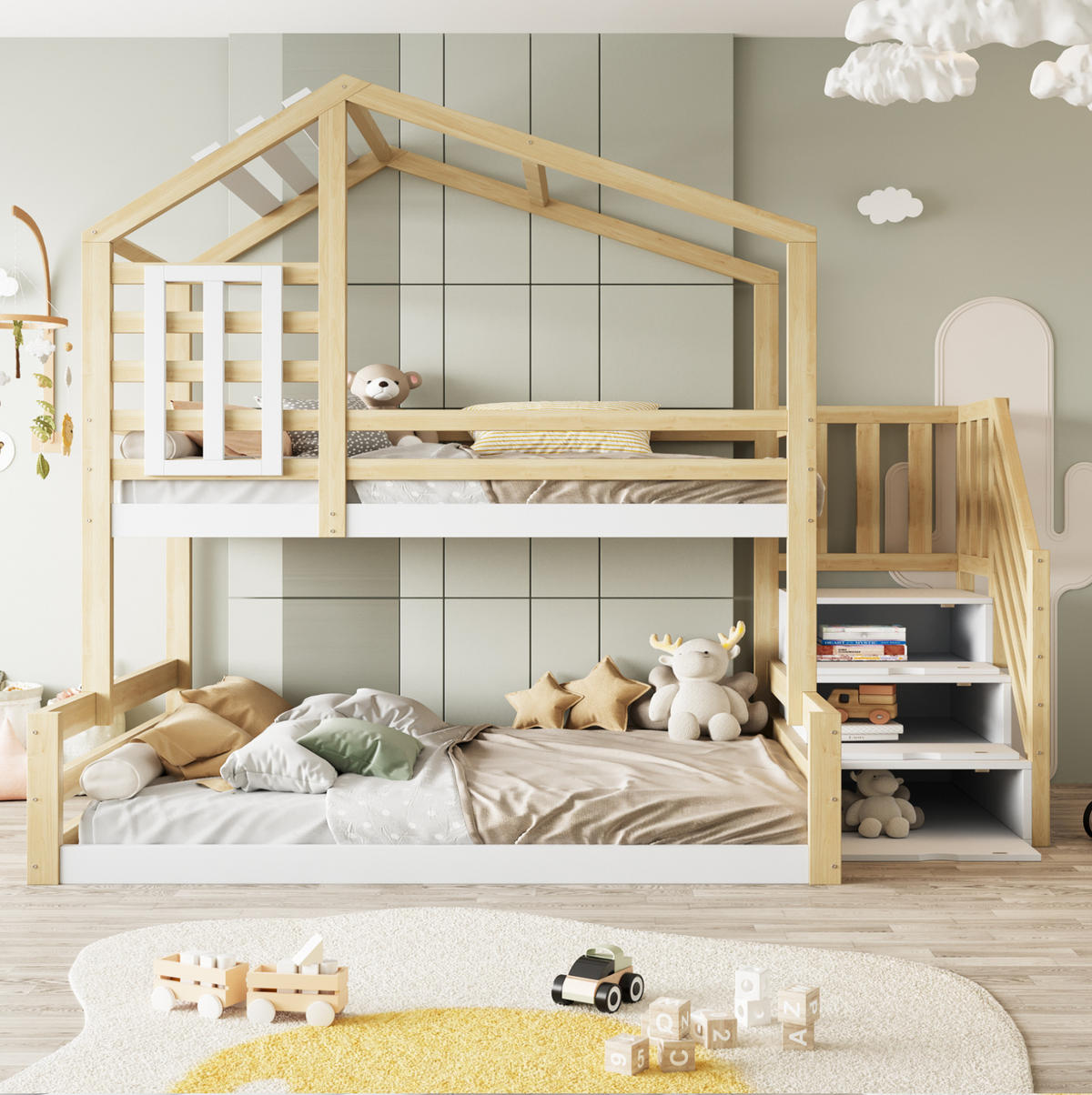ETAGENBETT 90/200 cm in Natur mit Hausdesign, Fenster und Stauraumtreppe - Naturfarben, Holz (90/200cm) - OKMYHOME
