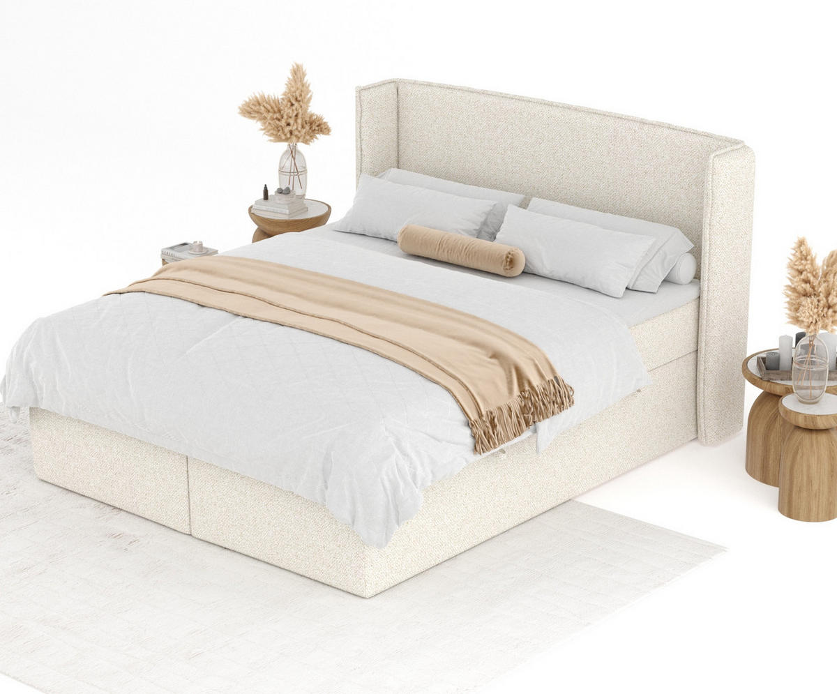 BOXBETT Skyline Creme 200/200 cm mit Matratze und Topper - Creme/Schwarz, Holz/Holzwerkstoff (200/200cm) - Maison de Reve