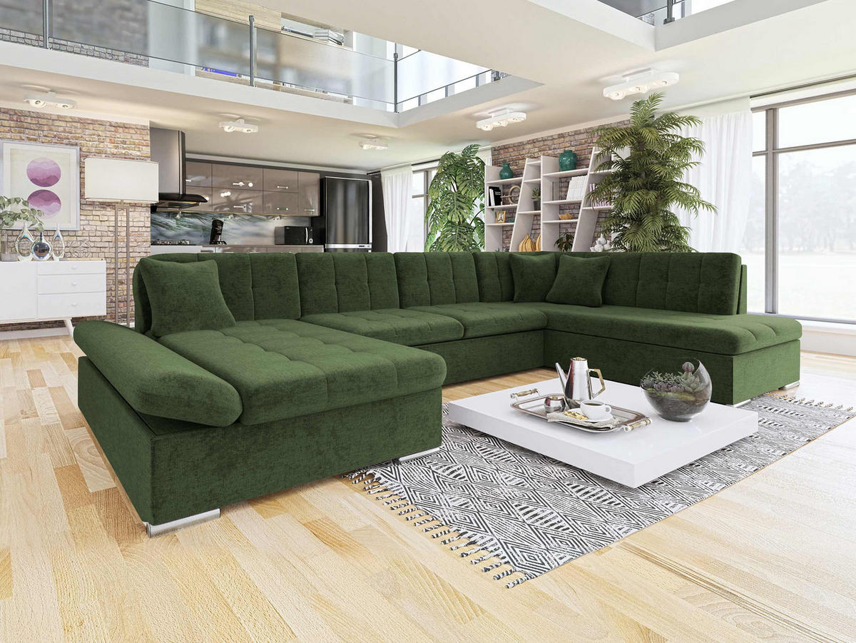 ECKSOFA Bergen, Seite: Links - Waldgrün/Silberfarben, Holz/Textil (345/76/205cm) - MIRJAN24