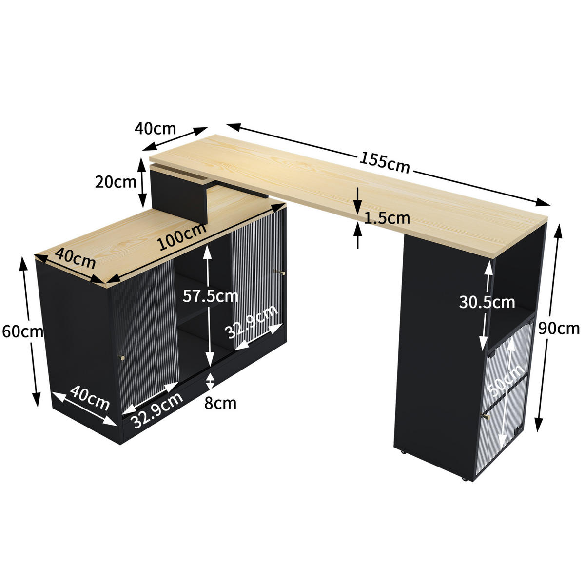 BARTISCH ausziehbar mit Stauraum Schwarz MDF/Glas - Schwarz, Holz (40/90/155cm) - Beauniv