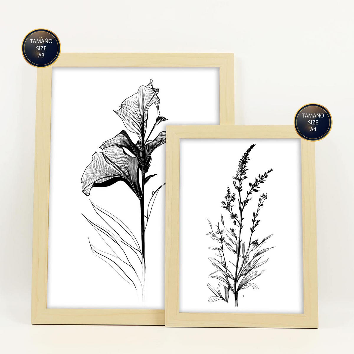 POSTER Set Mit 6 Blumenstrauß Schwarz und Weiß Größe A3 & A4 Rahmen aus hellem Holz - Beige, Papier (29.7/1cm) - Nacnic