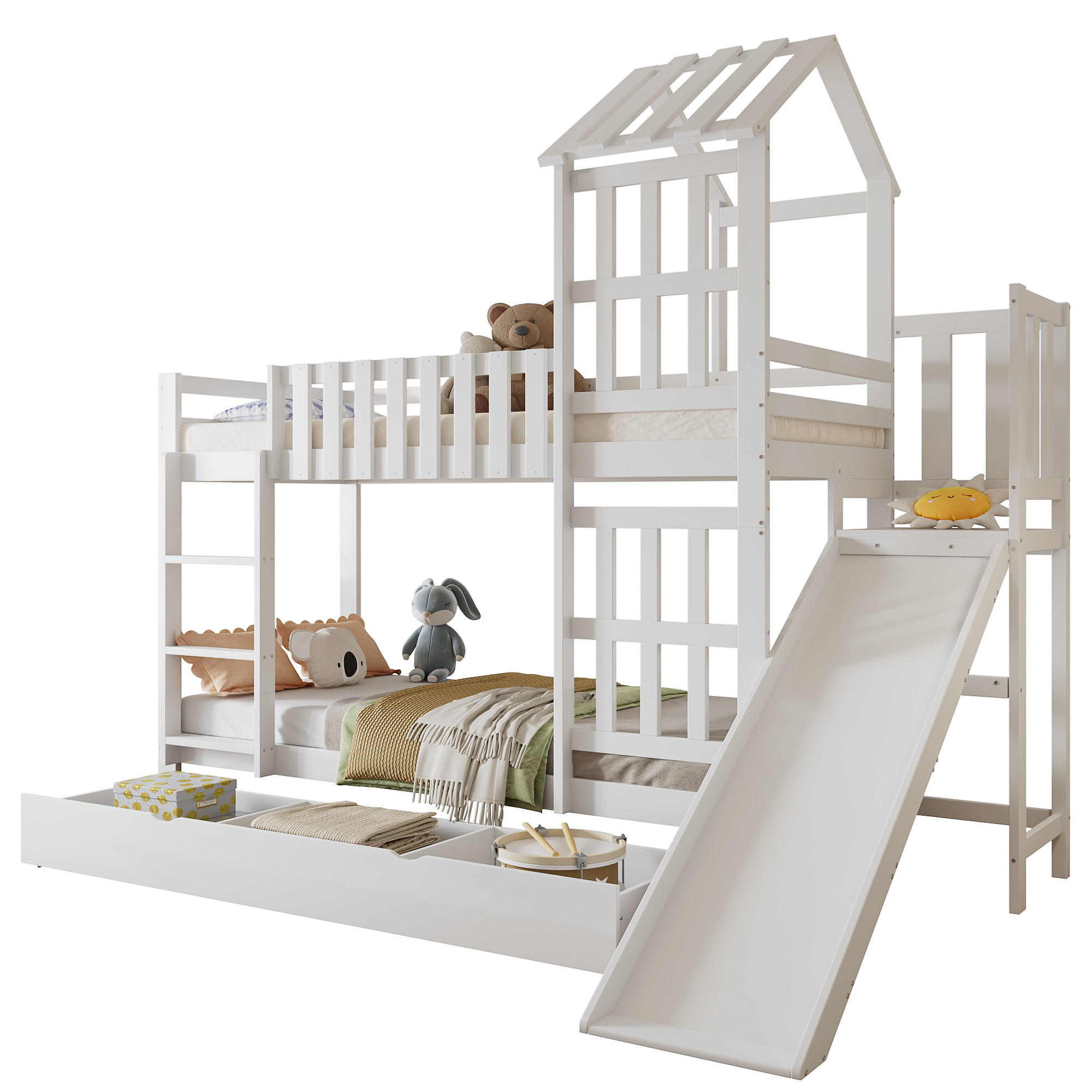 ETAGENBETT 90/200 cm Weiß mit 1 Schublade auf Rollen, Rutsche, Dach und Fenster - Weiß, Holz (90/200cm) - Oxeza