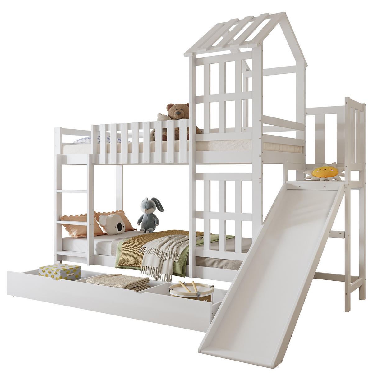 ETAGENBETT 90/200 cm Weiß mit großer Schublade und Spaßrutsche aus Kiefer und MDF - Weiß, Holzwerkstoff (90/200cm) - OKWISH