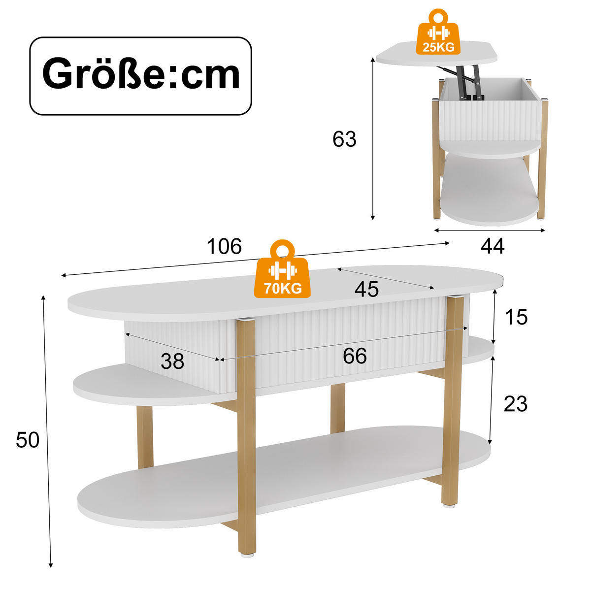 KONFERENČNÍ stolek s plynovou pružinou a úložným prostorem, bílý - bílá, dřevo (106/38/50cm) - SHOPENTRA