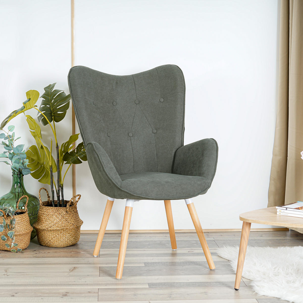 OHRENSESSEL in Stoff Grau - Dunkelgrau, Holz (66/106/53cm) - Meubles Cosy