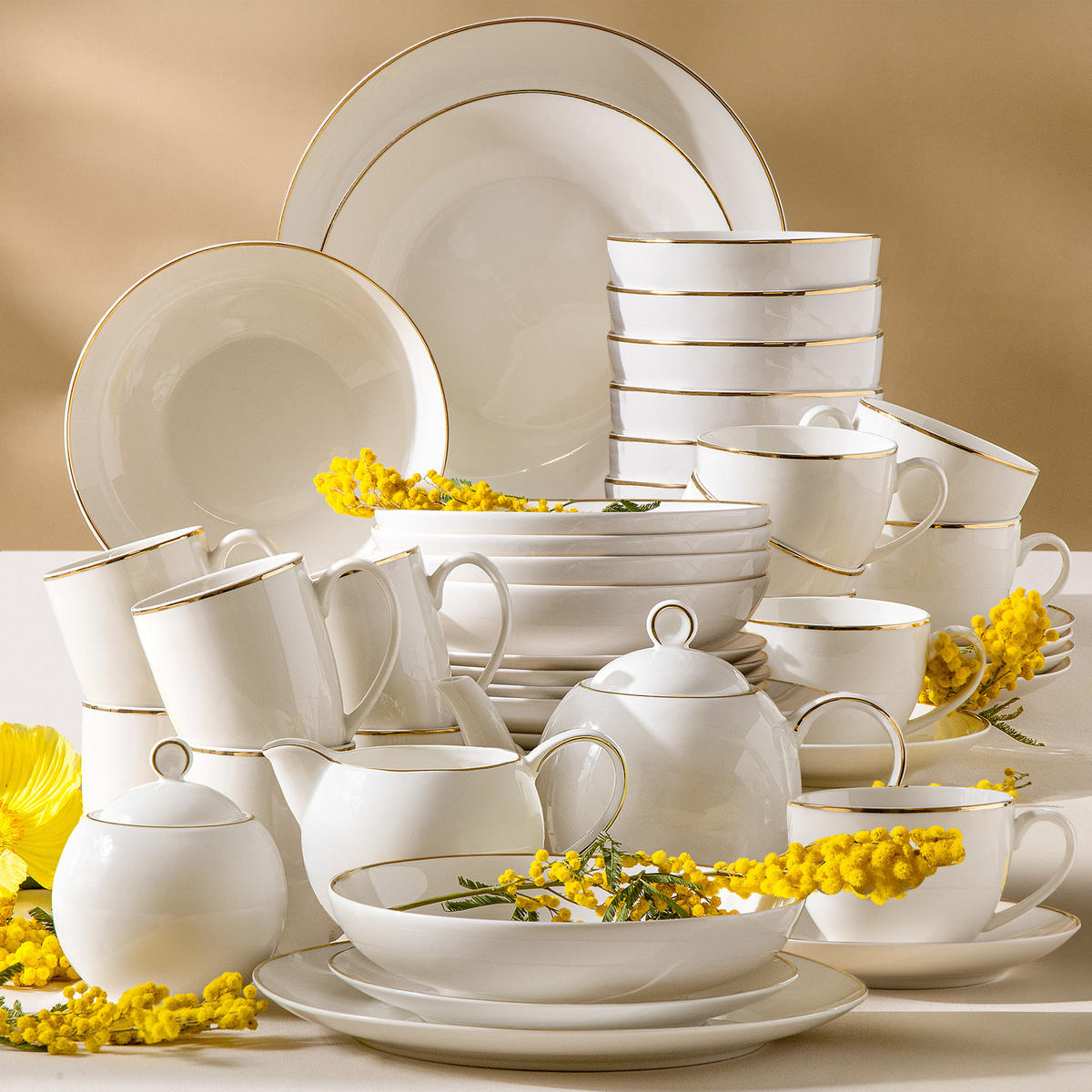 KOMBISERVICE AD BELLA, 6 Personnen, 45-tlg - Ecru/Goldfarben, Keramik (26/16/26cm) - KONSIMO®
