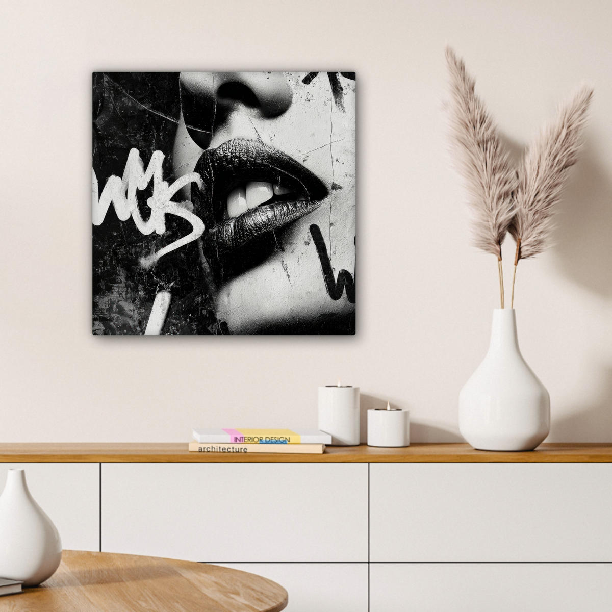 LEINWANDBILD Gesicht - Mund - Graffiti - Schwarz Wandbild Wohnzimmer 50x50 cm - Schwarz, Textil (50/50cm) - MuchoWow