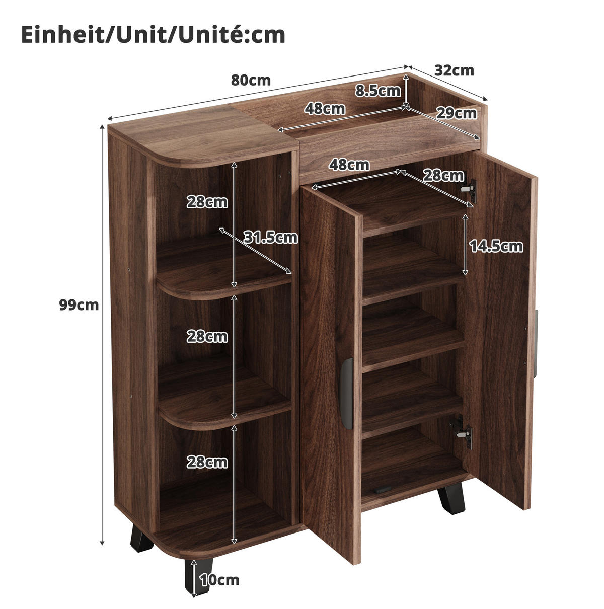 SCHUHSCHRANK schmal 80 x 32 x 99 cm Walnut mit offenen Fächern - Walnussfarben, Holzwerkstoff (32/99/80cm) - Beauniv