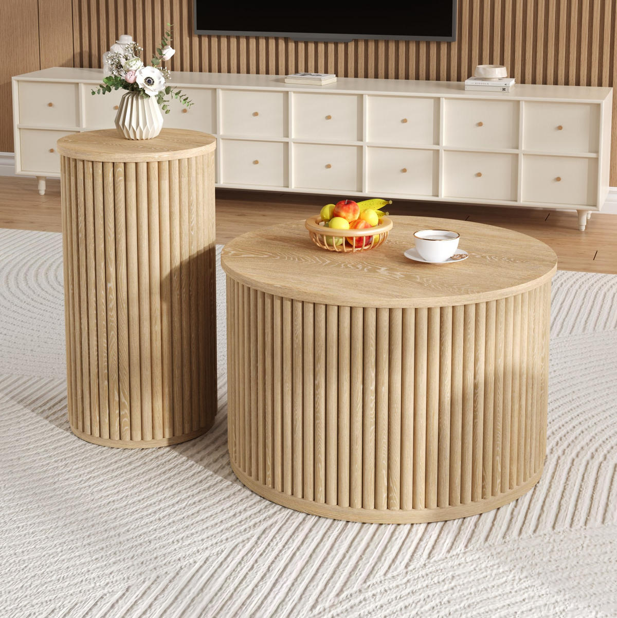 KLUBSKA miza 60/60/38,5 cm in 30/30/56 cm, komplet 2 miz z okroglo obliko in 3D letvastim videzom, Naravna - naravne barve, leseni material (60/60/38.5cm) - Redom