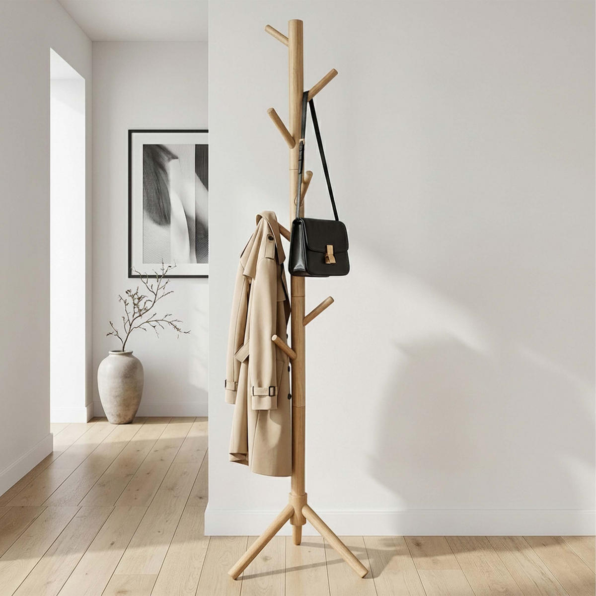 GARDEROBENSTÄNDER Natur Kiefernholz 8 Haken 175 cm - Hellbraun, Holz (50/175/50cm) - Relaxdays