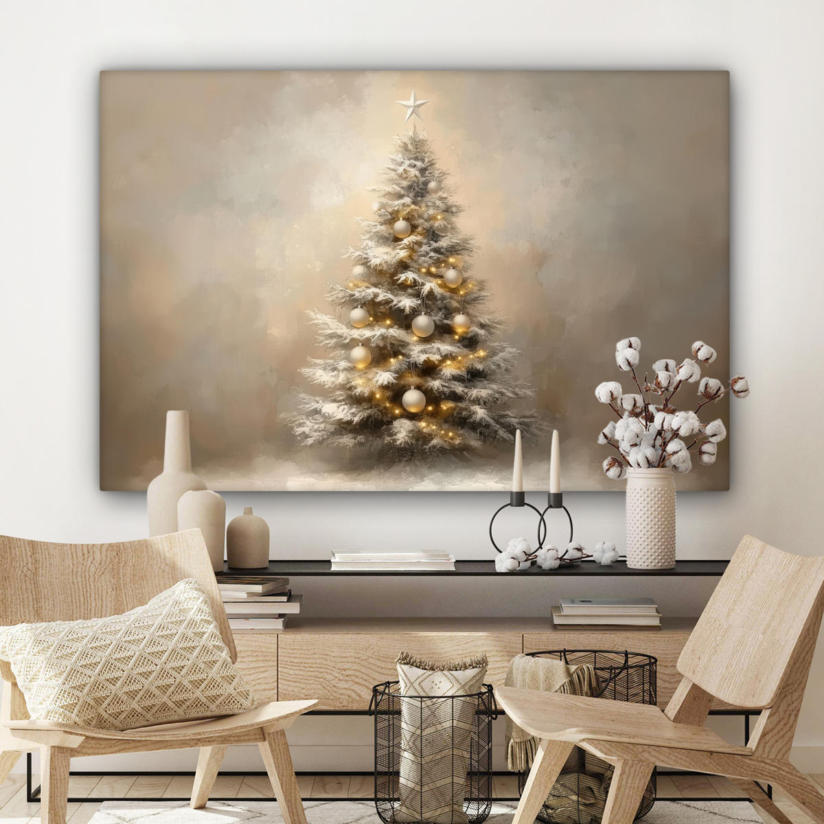 LEINWANDBILD Weihnachten - Weihnachtsbaum - Schnee - Kunst Wohnzimmer Groß 120x80 cm - Champagner, Textil (120/80cm) - MuchoWow