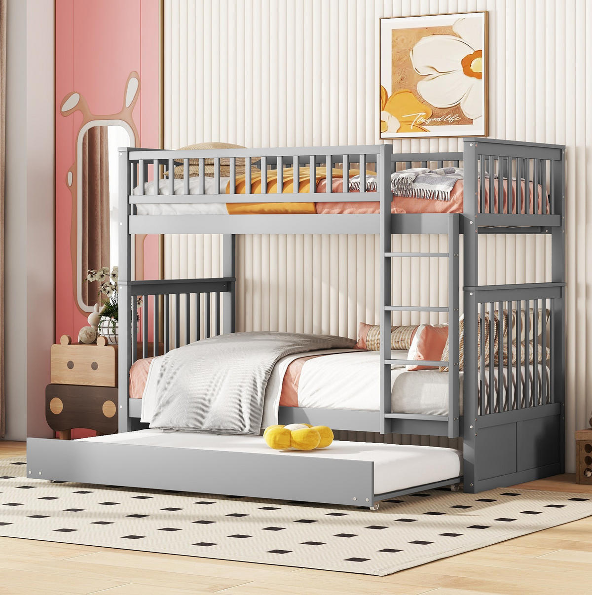 ETAGENBETT 90/200 cm Grau mit Ausziehbett Kiefernholz - Grau, Holz (90/200cm) - MIVRAY