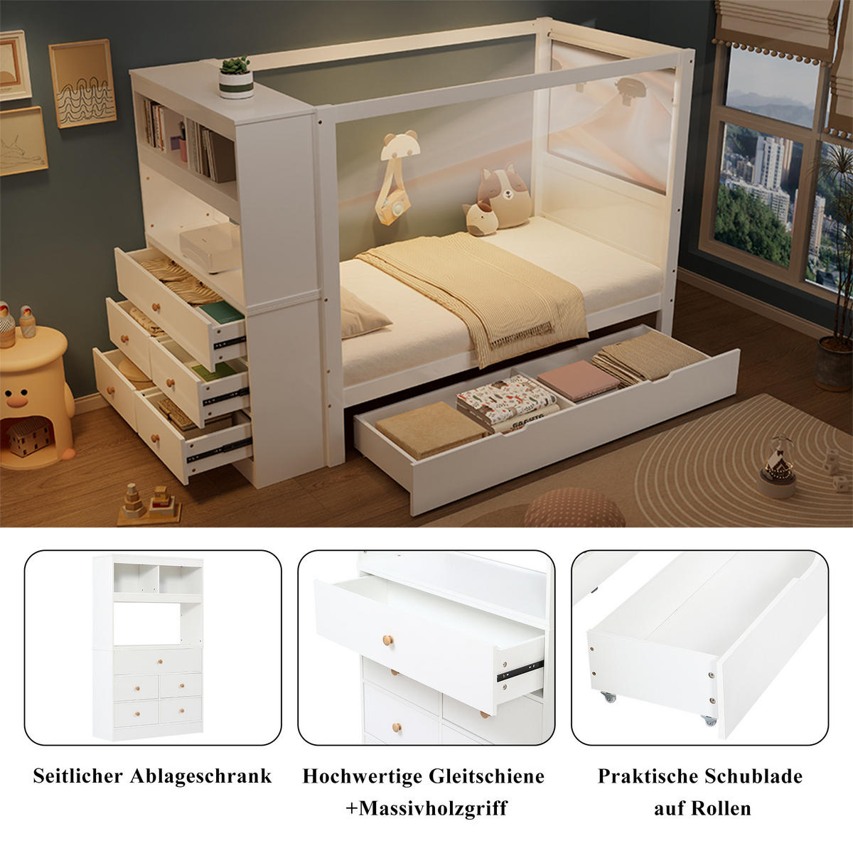 EINZELBETT 90/200 cm Weiß mit Stauraum und Fallschutz aus Kieferholz und MDF - Weiß, Holzwerkstoff (90/200cm) - OKWISH