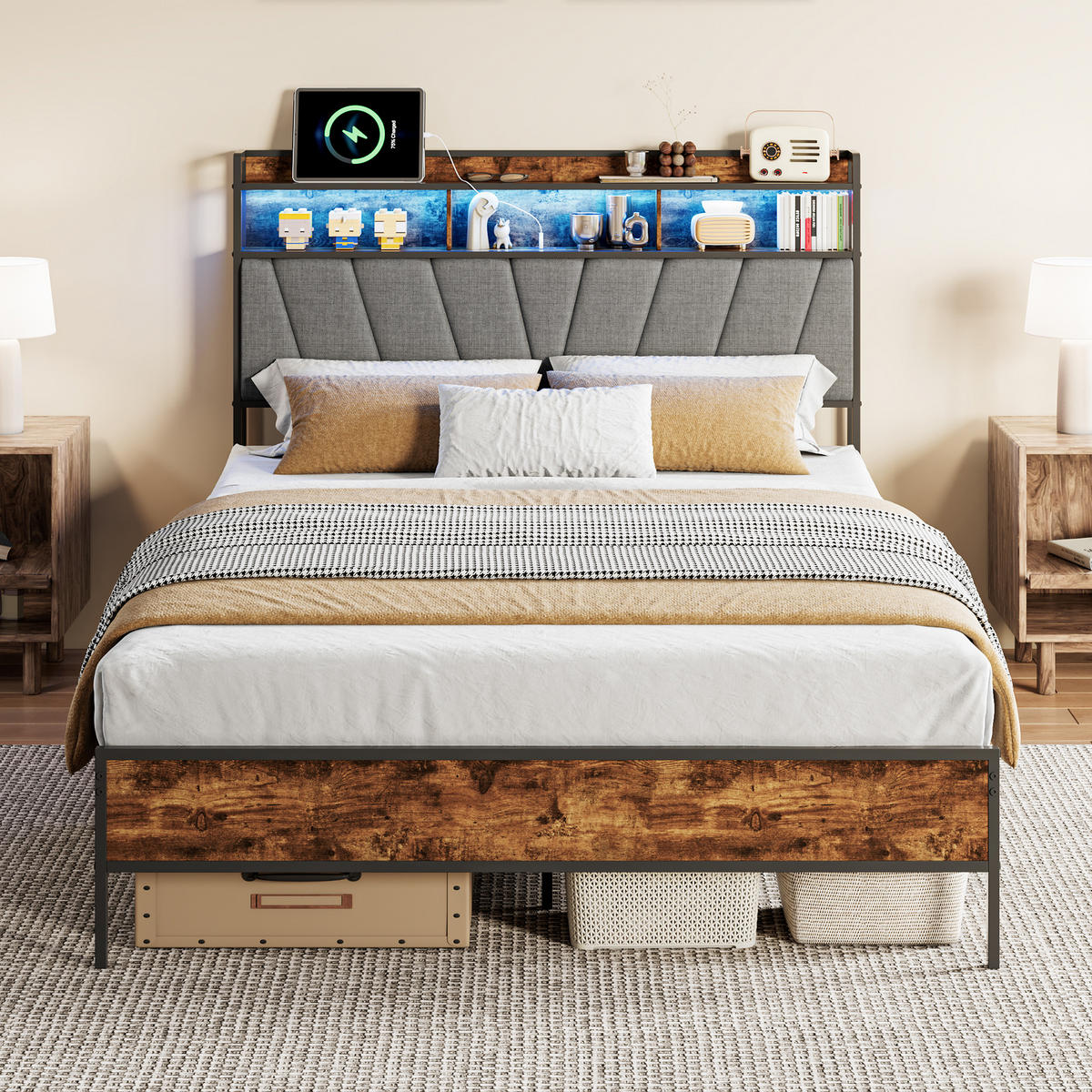POLSTERBETT 140x200 cm Grau mit LED, USB-C & Stauraumkopfteil - Grau, Holz (140/200cm)