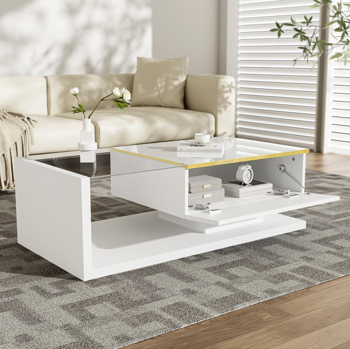 COUCHTISCH mit LED 100x50 cm Weiß mit Glasplatte - Weiß, Holzwerkstoff (100/50/32.5cm) - Meubliv