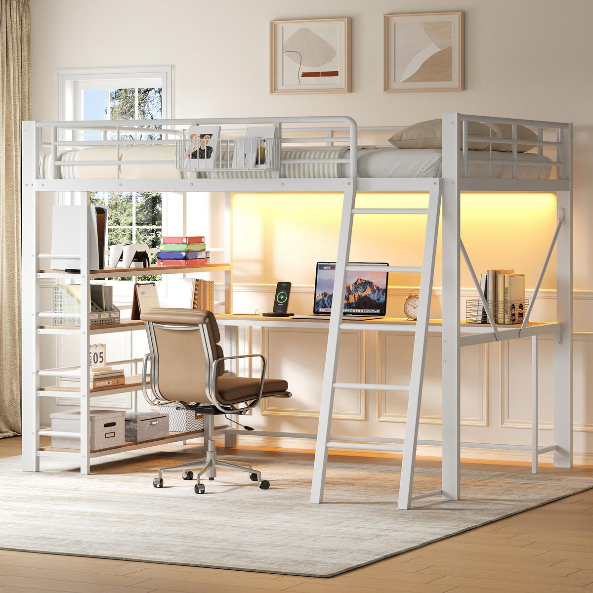 HOCHBETT 140/200 cm in Weiß mit integriertem Schreibtisch, 4-stöckigem Regal, LED und Ladestation aus Metall und MDF - Weiß, Holzwerkstoff/Metall (140/200cm) - STILVORA