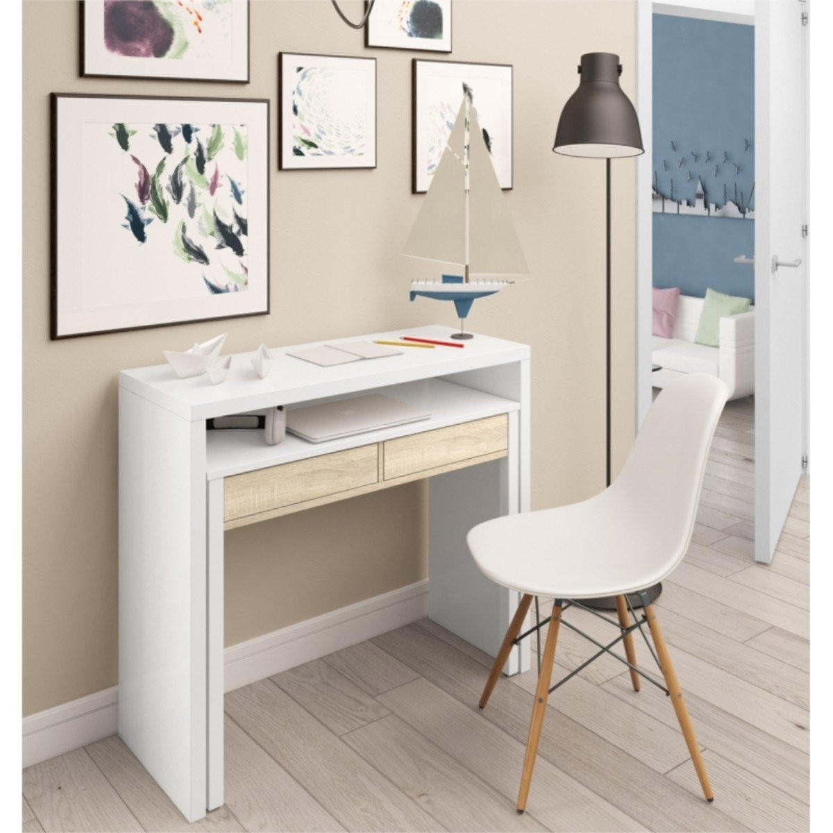 KONSOLENSCHREIBTISCH ausziehbar mit 2 Schubladen - L100 cm Consola - Eichefarben, Holzwerkstoff (36/99/88cm) - Calicosy
