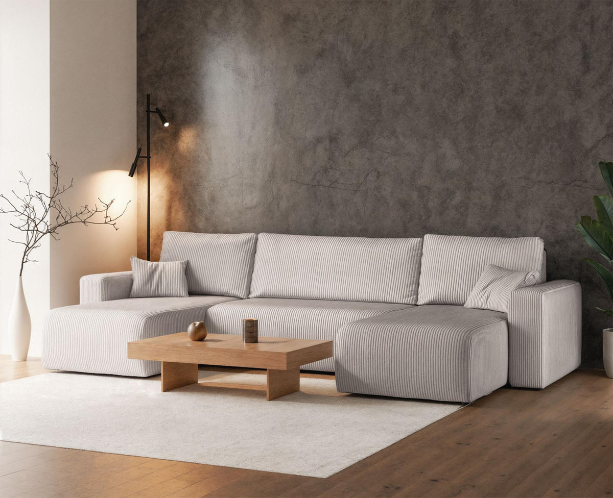 WOHNLANDSCHAFT Pianoni Hellbeige Cordbezug - Ecru/Schwarz, Kunststoff/Textil (312/83/140cm) - Selsey