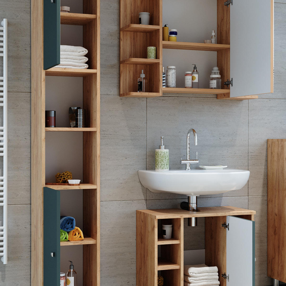 BADMÖBEL-SET Fynn Grün 3 Teile, mit Hochschrank - Honigeiche/Grün, Holzwerkstoff (60/54/32cm) - Vicco