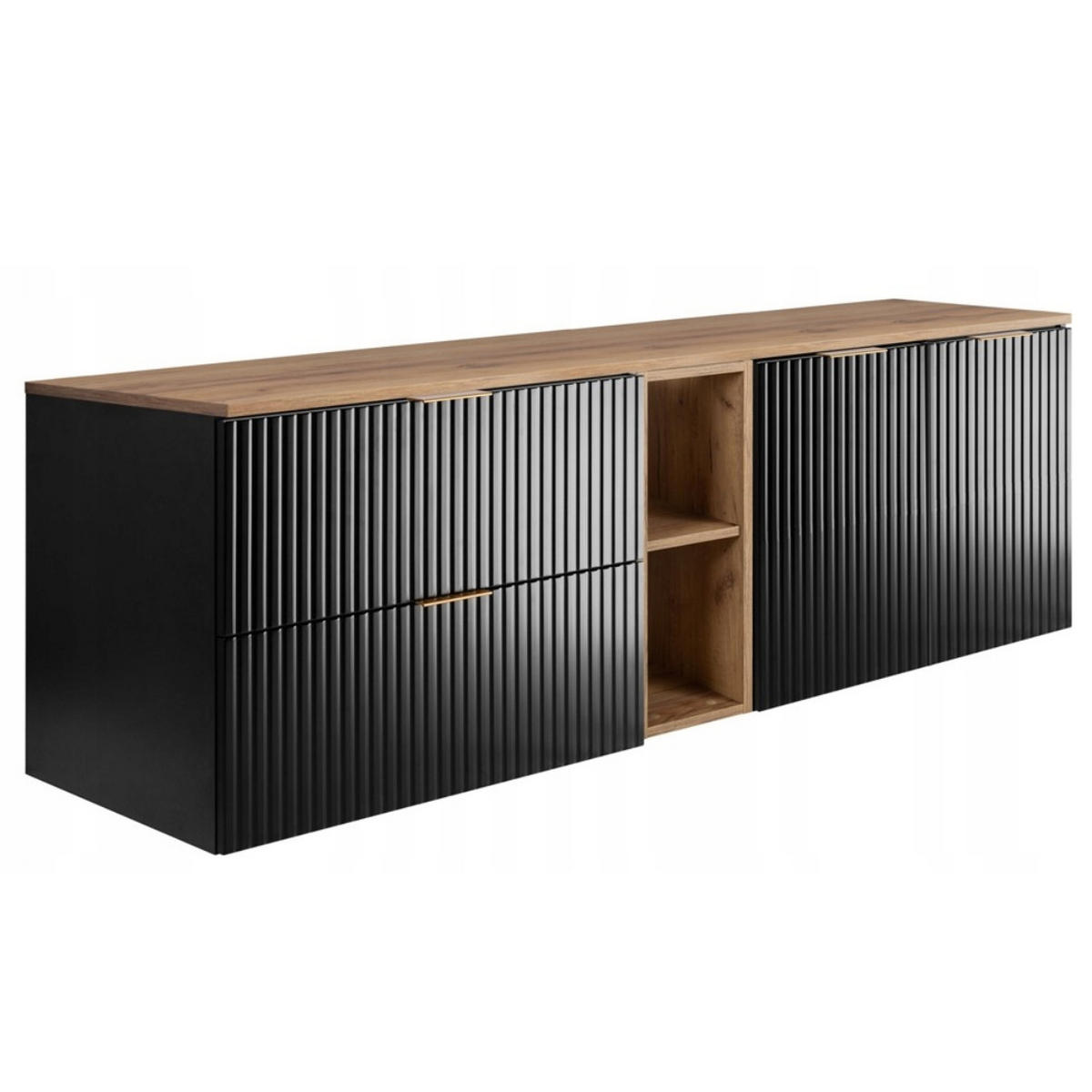 WASCHBECKUNTERSCHRANK FLOW mit Regal + Platte Schwarz matt 160/57/46 cm - Schwarz, Holzwerkstoff (160/57/46cm) - Rodan