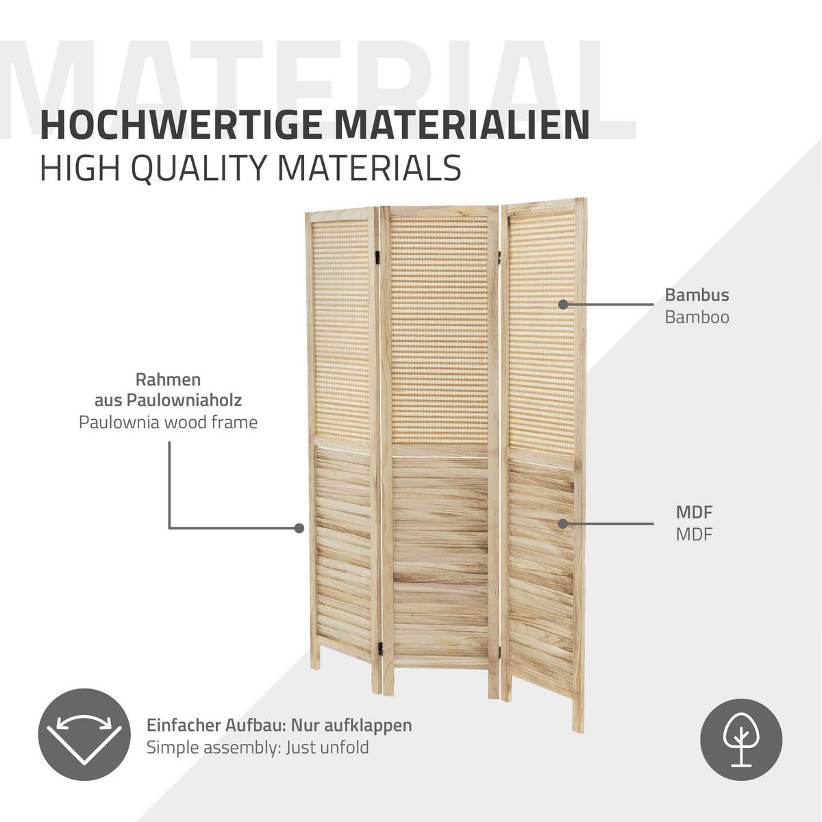 PARAVENT 3 teilig Osaka 170x121 cm Natur aus Holz - Braun, Holz (121/170/2cm) - ML-DESIGN