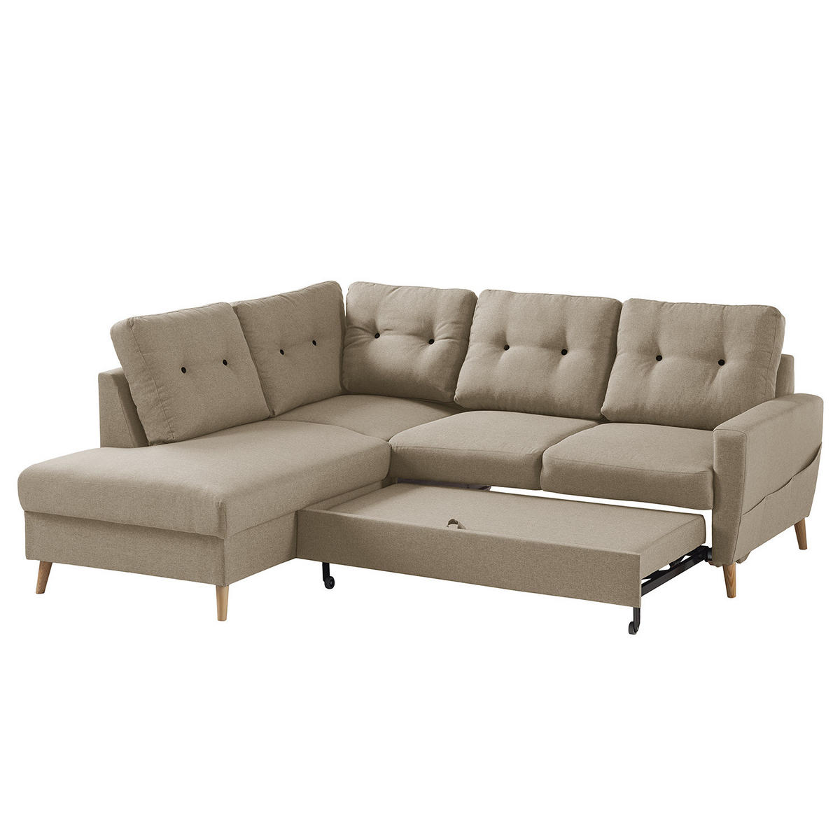 ECKSOFA mit Ottomane - Webstoff - Hellbraun/Cappuccino, Holz/Textil (230/200cm) - home24