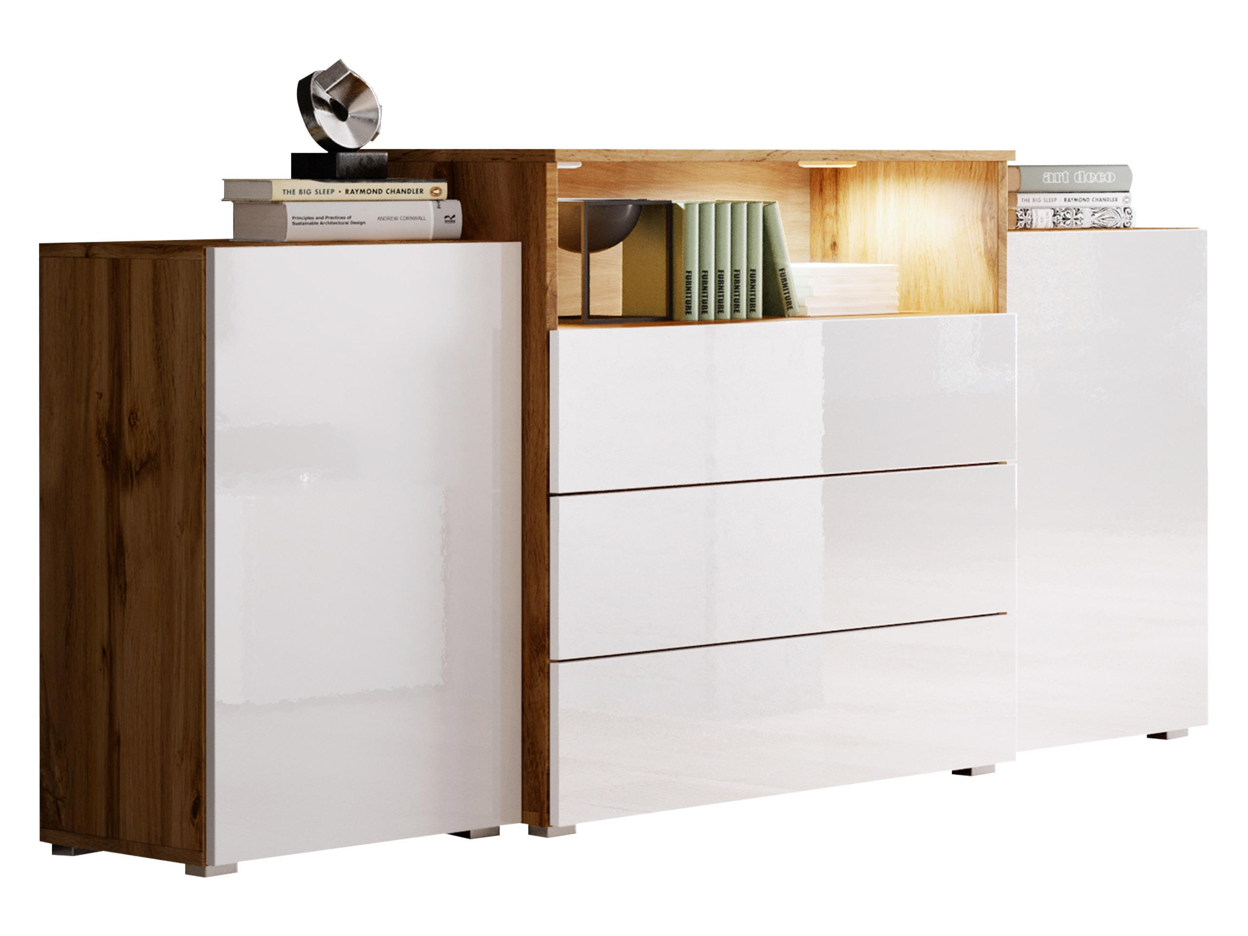 SIDEBOARD Urban III - weißer LED Beleuchtung - Weiß Hochglanz/Eiche Wotan, Holzwerkstoff/Kunststoff (150/81/39cm) - MIRJAN24