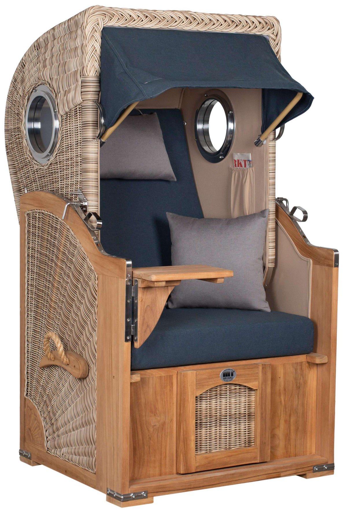 STRANDKORB Düne 1 Sitzer Teak PE Shell - Blau/Braun, Holz/Textil (96/165/80cm) - Mr. Deko