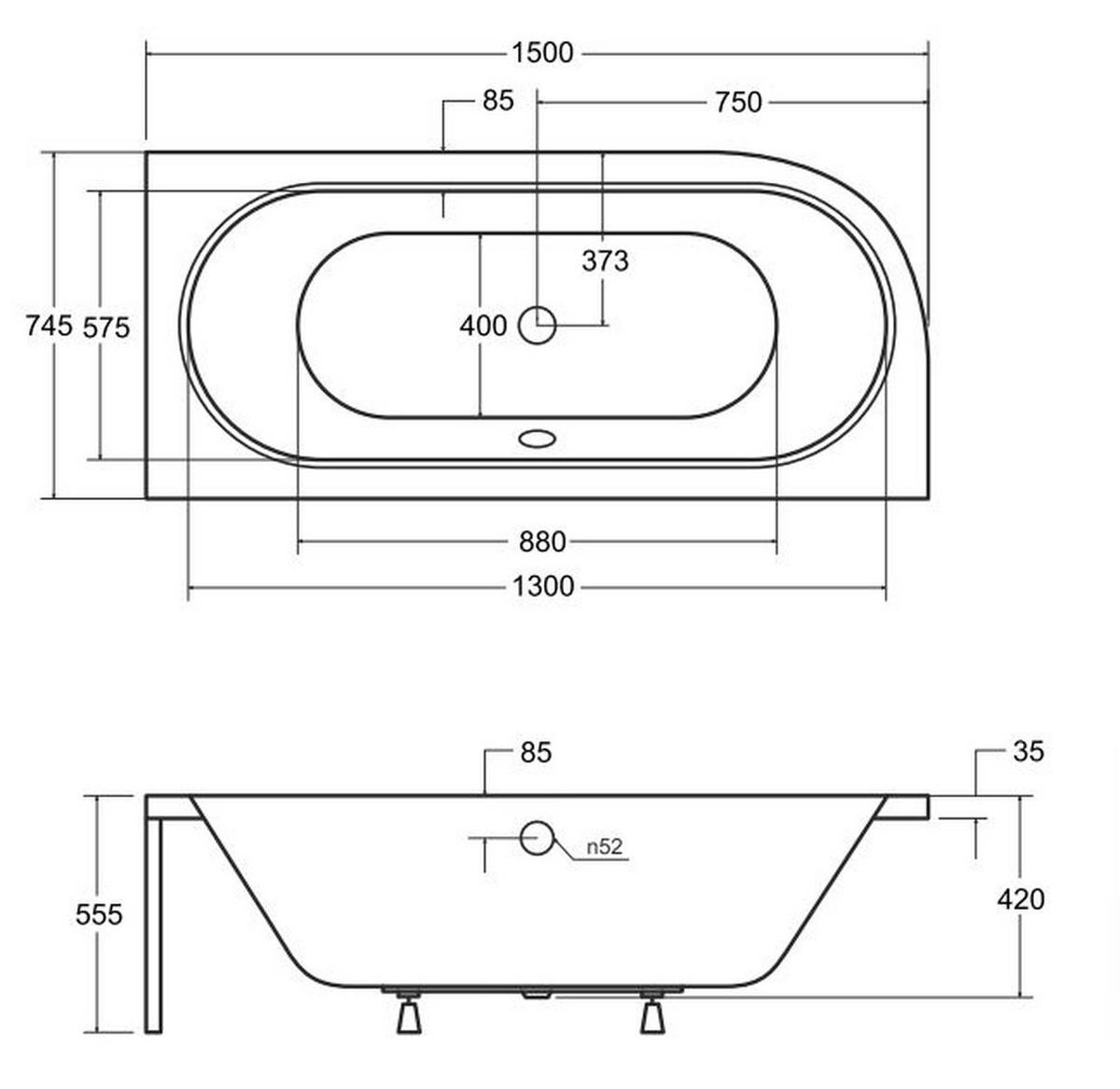BADEWANNE Eckwanne AVITA 150/75 Rechts + Ablage + Kopfstütze Ablauf Füße - Weiß, Kunststoff (75/55.5/150cm) - bad land