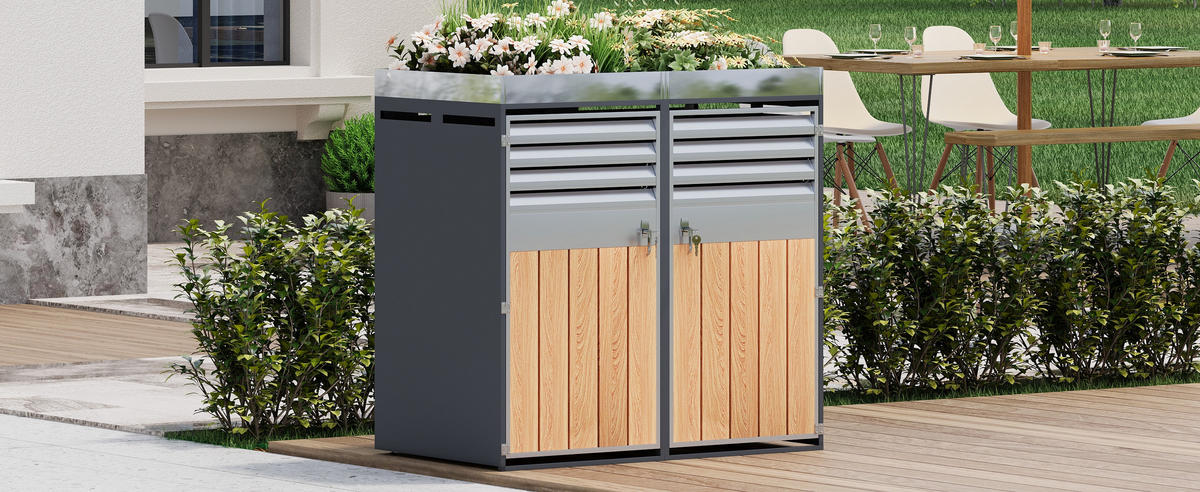 MÜLLTONNENBOX 2 Türen Lamellen Lüftung Pflanzfläche - Grau, Metall (132/124.5/80cm) - LEBENLANG
