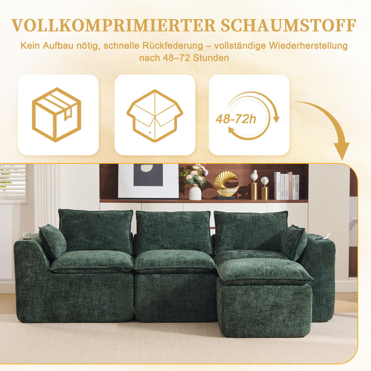 3-SITZER-SOFA aus Chenille, mit Fußhocker und Getränkehalter - Grün, Textil (256/75/161cm) - Urban Meuble