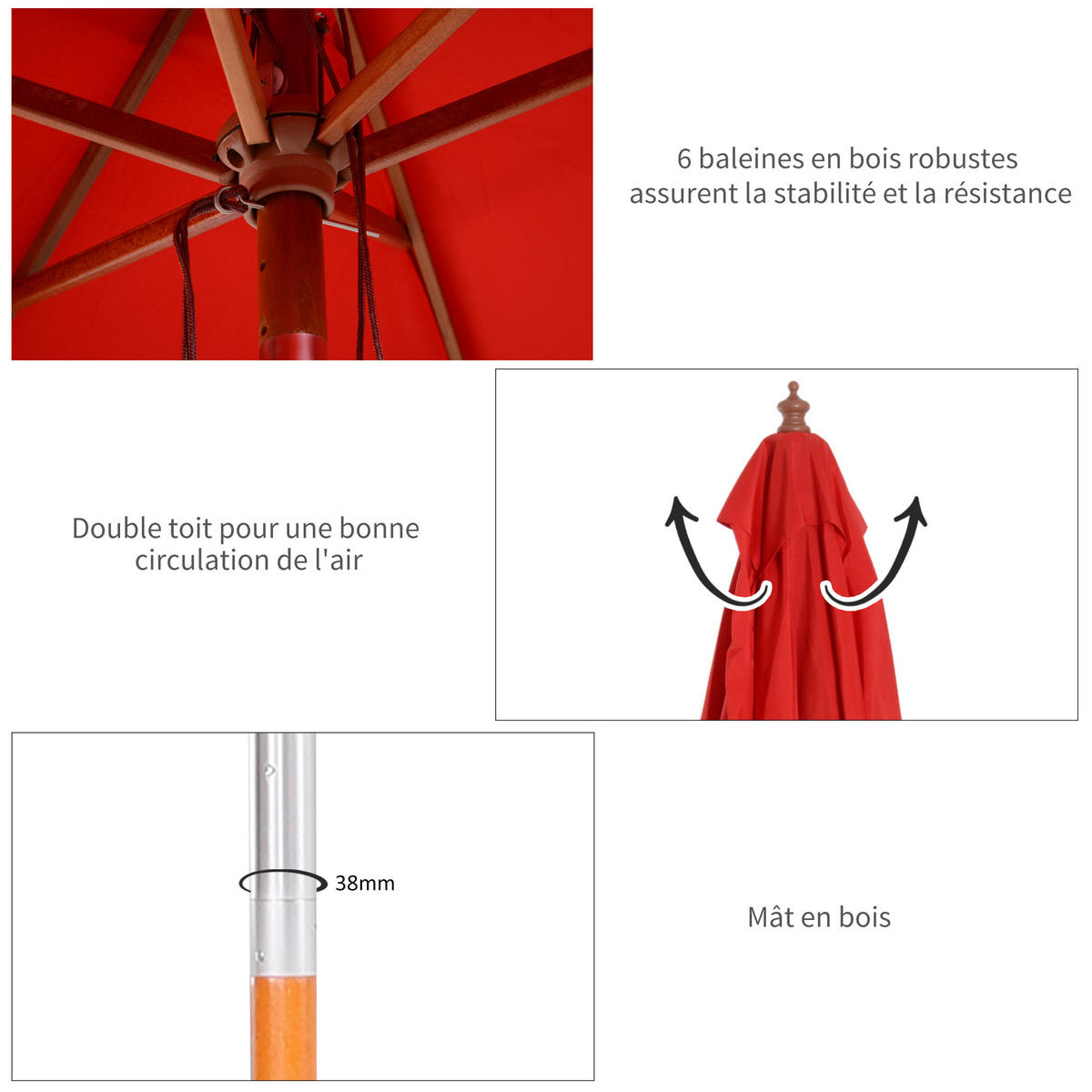 SONNENSCHIRM DE-11360 rechteckig, neigbar, Holz Rot - Rot, Holzwerkstoff (150/200cm) - ComfortXL