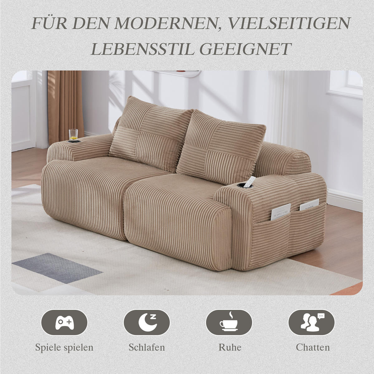 2-SITZER Sofa Cord mit Getränkehalter und Seitentasche 200/99/80 cm Sandfarben - Sandfarben, Textil (99/80/200cm) - Redom